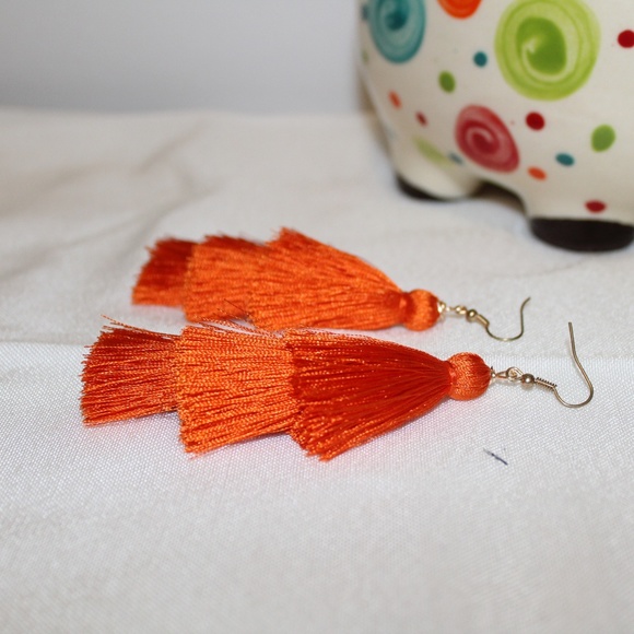 Three Layered Orange Tassel Earrings - Picture 3 of 5